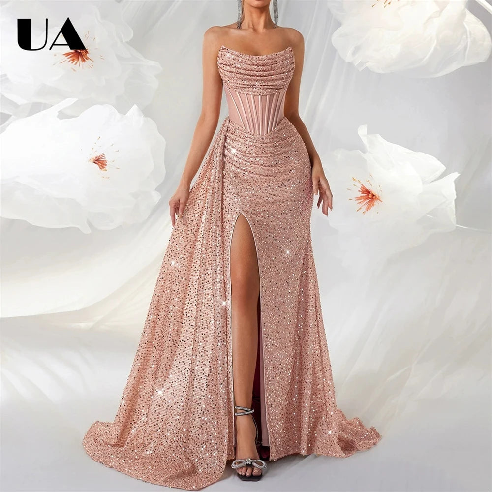 Maxy Women's Sequin Strapless Prom Dress Ruched Bodice High Slit Mermaid Gown Formal Evening Wedding Guest Ball Gown Sparkly Party