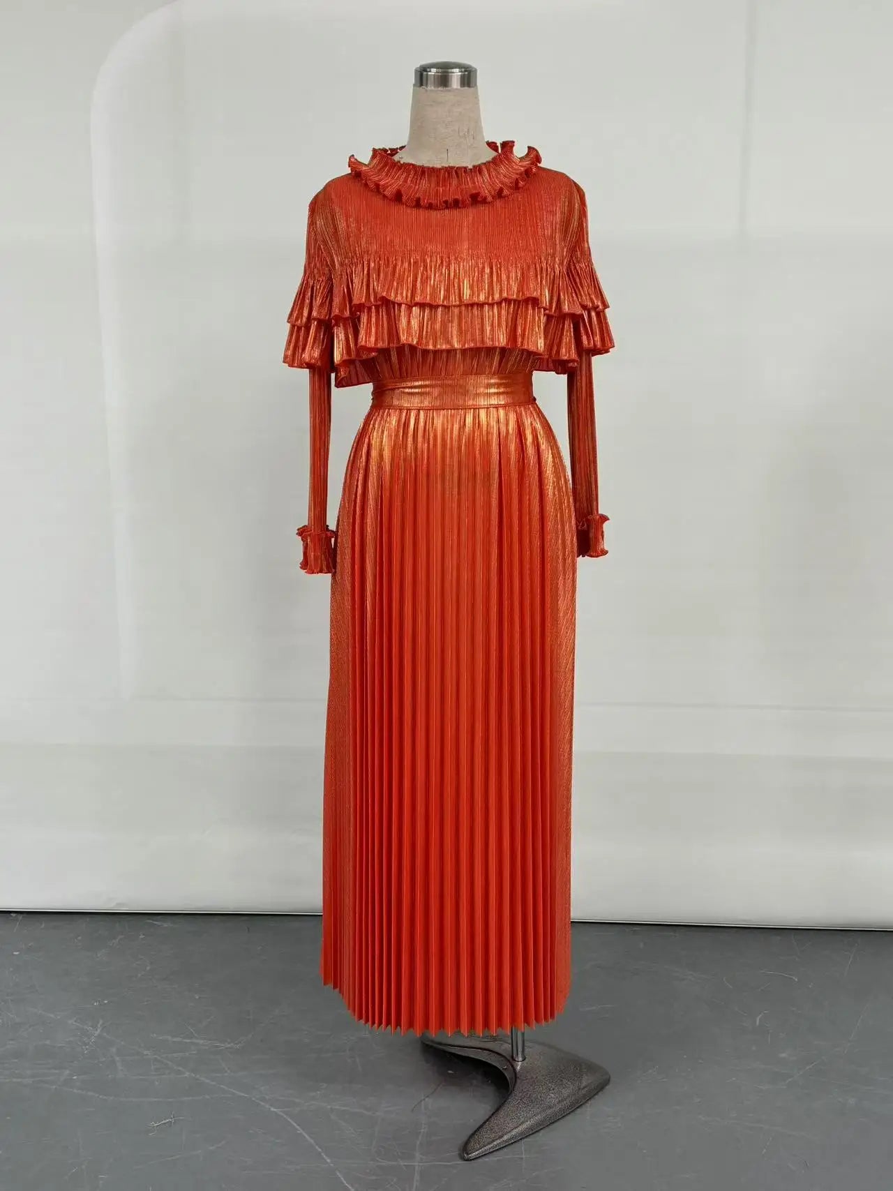 Maxy Fashion Plus Size Loose Gold Dress for Women Light Luxury Long Sleeve Lace-up Party Gown Casual Miyake Pleated Dress New