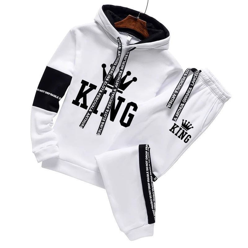 Visco King Printing Mens Tracksuit Casual Hooded Sweatshirt +Sweatpant 2 Piece Set Gym Sports Jogging Clothing AutumnWinter Outfit