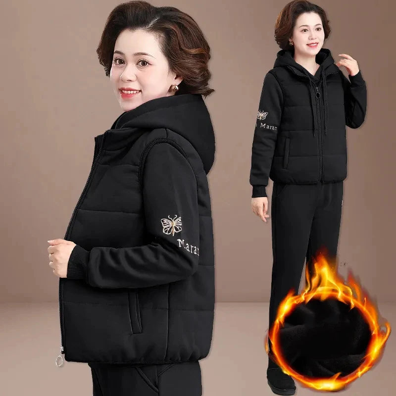 Winter Thick 3 Pieces Sets Vest Warm Outfit Loose Hooded Tracksuit High Waist Pant Suits Plush Lined Sweatshirts Woman Conjuntos