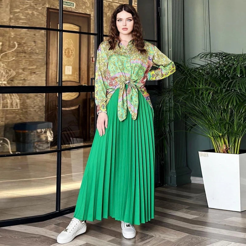 Amay Women Sets Two Piece Set Print Long Lantern Sleeve Top And Elegant Long Skirt High Streetwear Casual Beach Suit