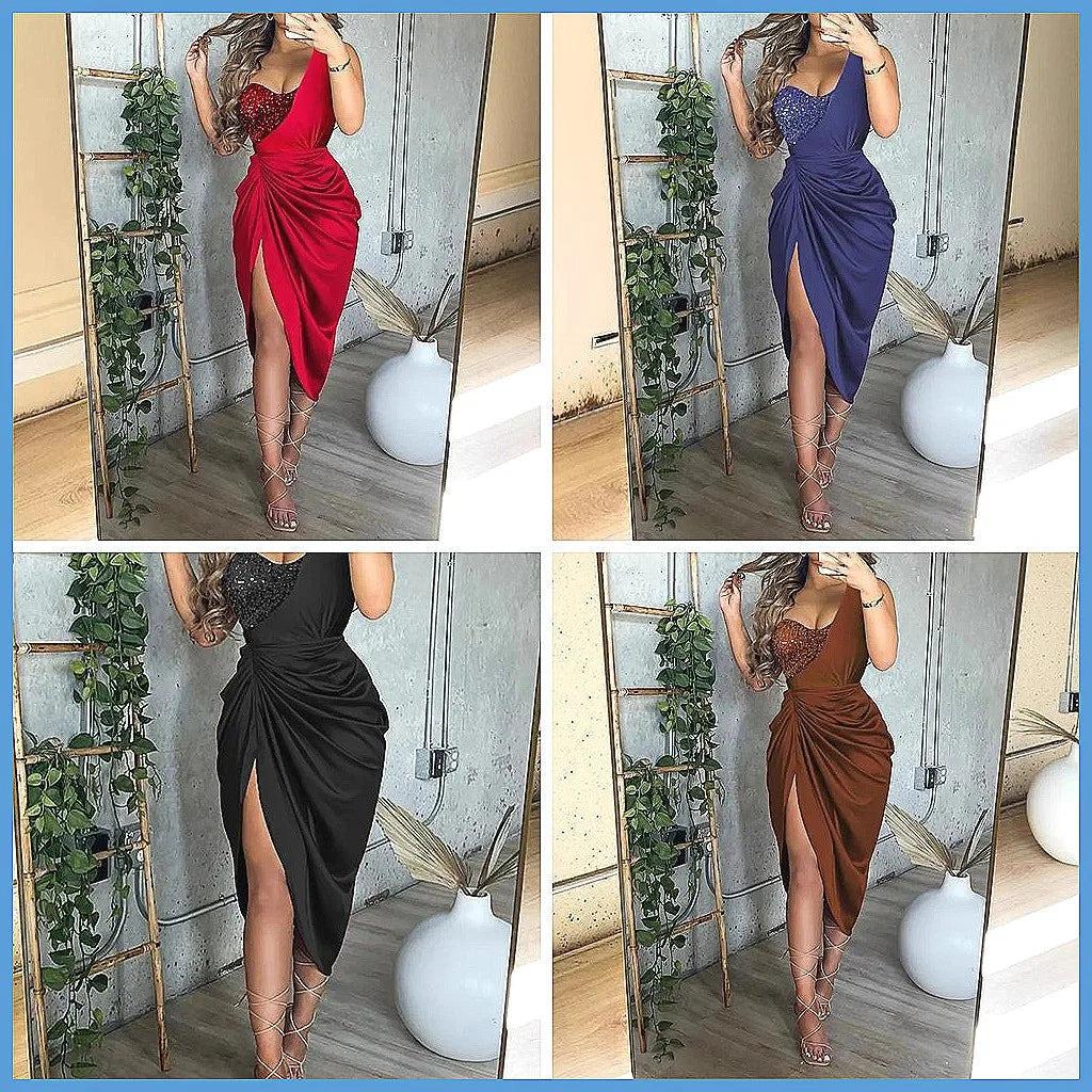 Sequin One Shoulder Slit Long Dress for Women, Elegant Smocked Party Dress, Summer Evening Gown (Characters: 78)