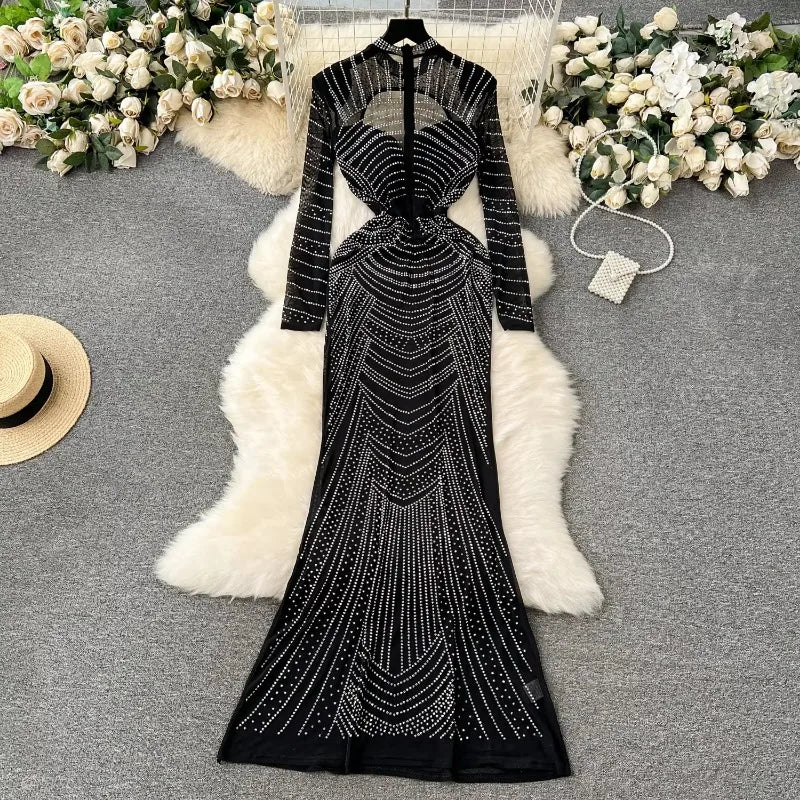 Amay Chic Elegant Long Sleeve Stand Collar Rhinestone Mesh Hollow Out Dresses High Waist Evening Party Women Autumn Ceremonial Dress