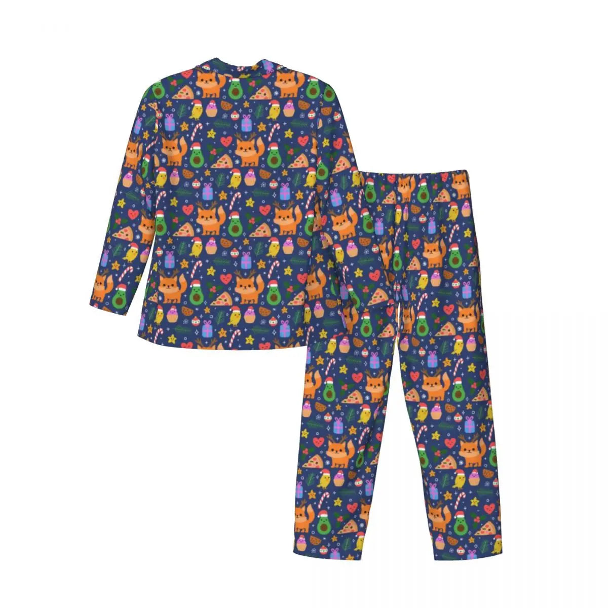 Maxy Cute Fox Print Pajama Sets Funny Christmas Kawaii Sleepwear Man Long Sleeve Loose Leisure 2 Pieces Nightwear Big Size XL 2XL