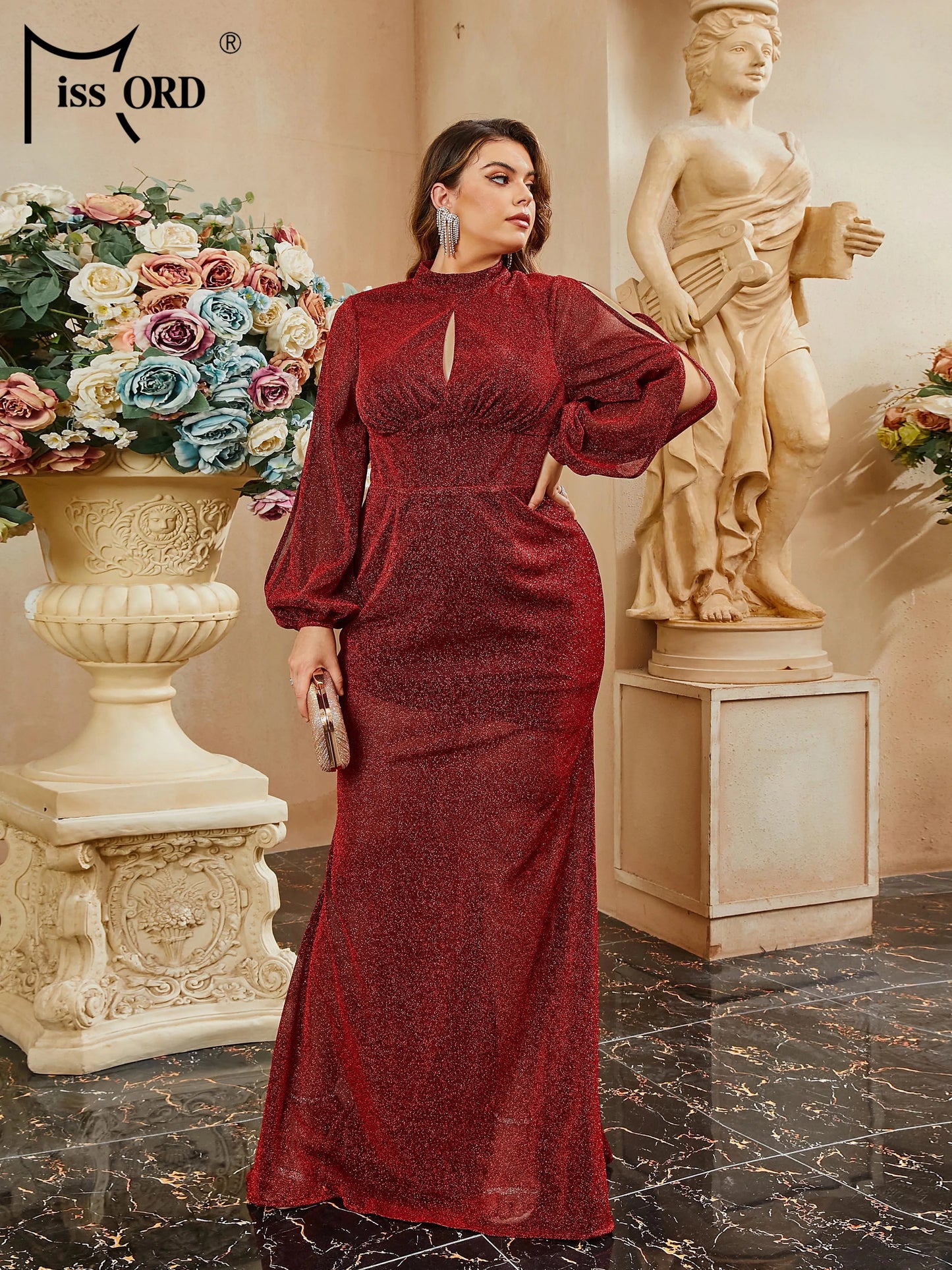 Maxy Plus Size Round Neck Cutout Burgundy Mermaid Prom Party Evening Dress