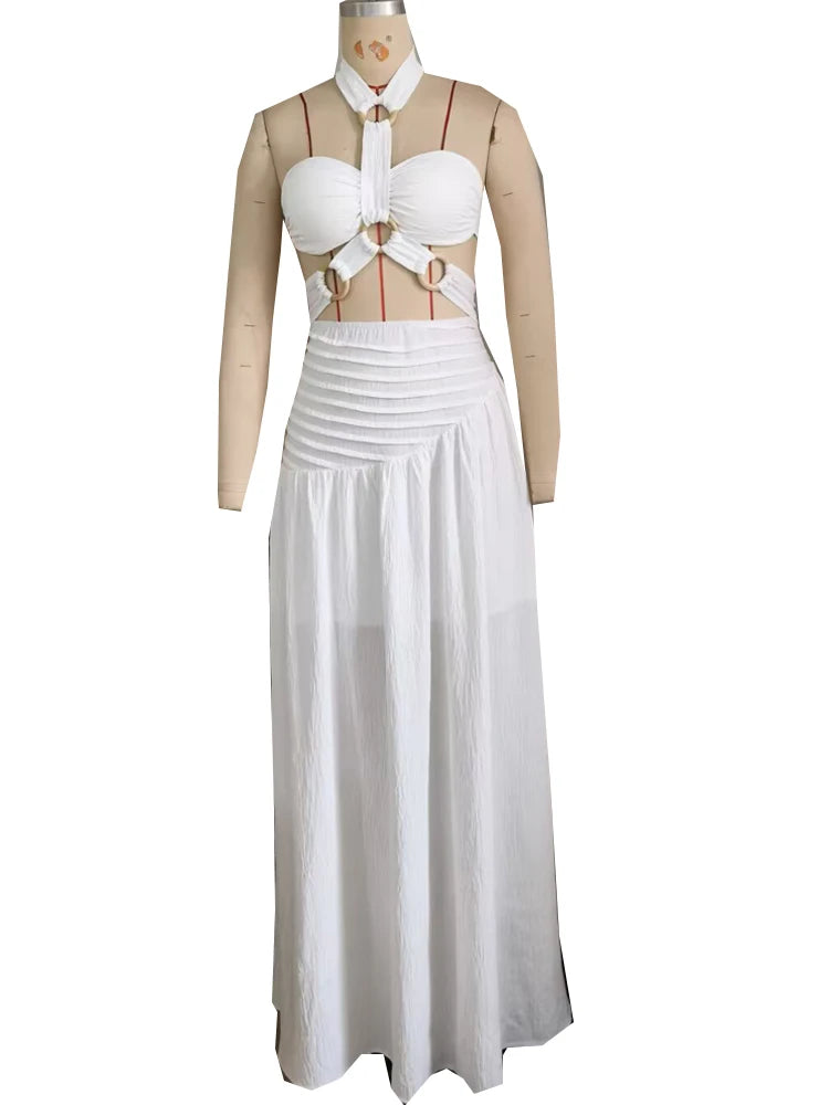 Maxy Beyerene Elegant Gold Ring Bandeau Long Skirt Two-Piece Set Women Beautiful Cut-Out Ruched Maxy Skirt Set White Vacation Outfits