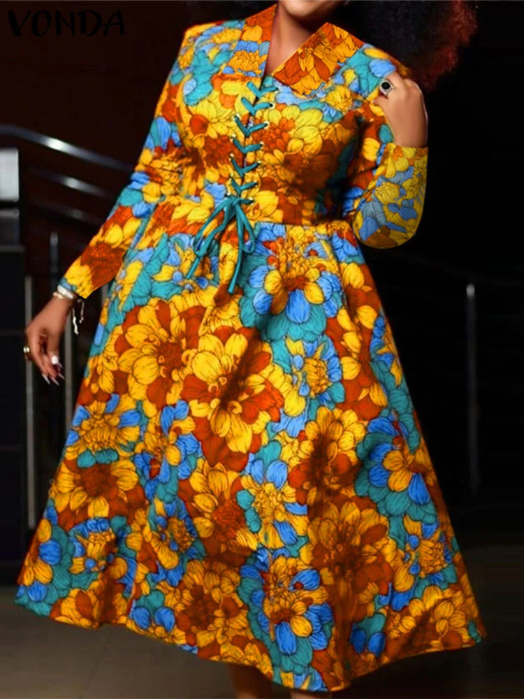 Maxy Plus Size Women Floral Printing Dresses Bohemian Turn Dwon Collar Maxy Long Sundress Elegant Holiday Robe