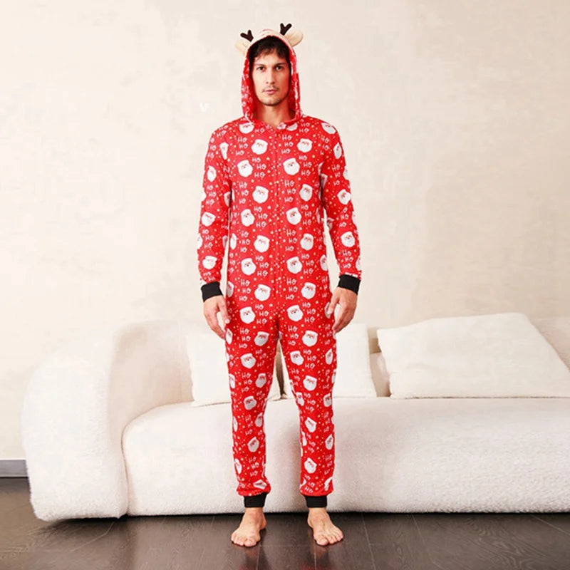 New Christmas Gift for Family Pajamas Cute Deer Ear Hooded Jumpsuit Mother Father Kids Baby Outfit Rompers Xmas Family Look Set