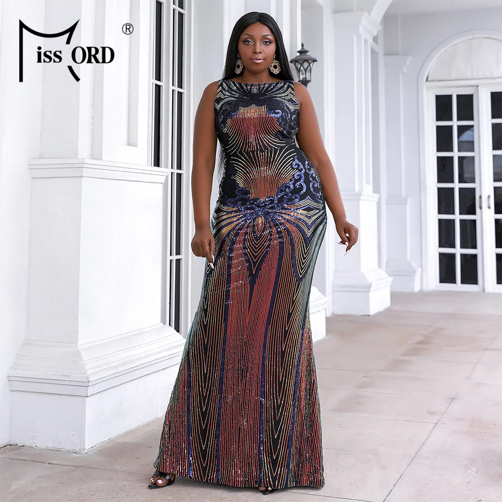 Maxy Multicolor Sequin Plus Size Wedding Party Dress Women Elegant O-neck Sleeveless Bodycon Prom Dresses Long Evening Gown
