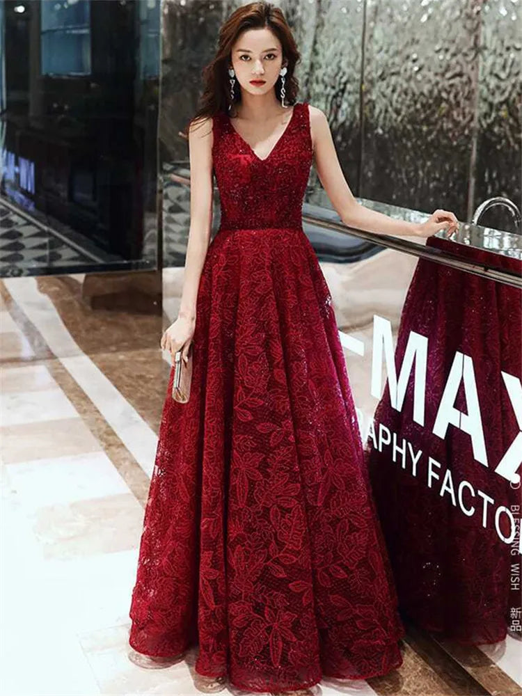 Maxy Wine Red Dress Solid Color Sequin V-neck Long A-line Skirt Elegant Evening Gown M047