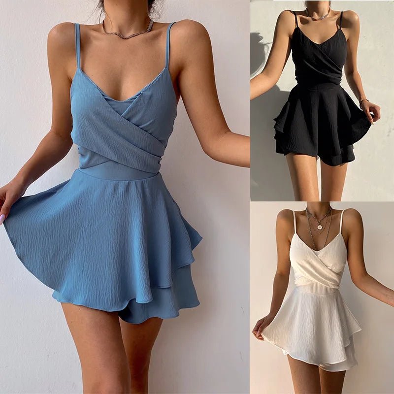 Amay Slim Suspender Strap Sexy Jumpsuits Y2k Solid Ruffles Rompers Summer Casual Threaded Slip Playsuits Female Elegant Clothes Dress