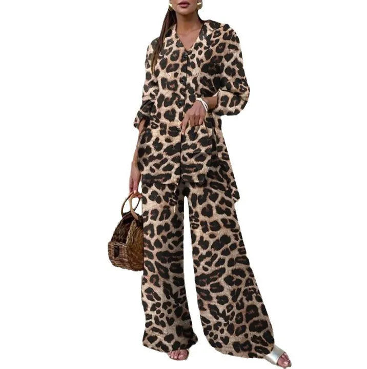 Maxy Autumn Fashion Leopard Print Women's Suit Two-piece Retro Street Print Casual Loose Long-sleeved V-neck Top Wide-leg Pants Suit