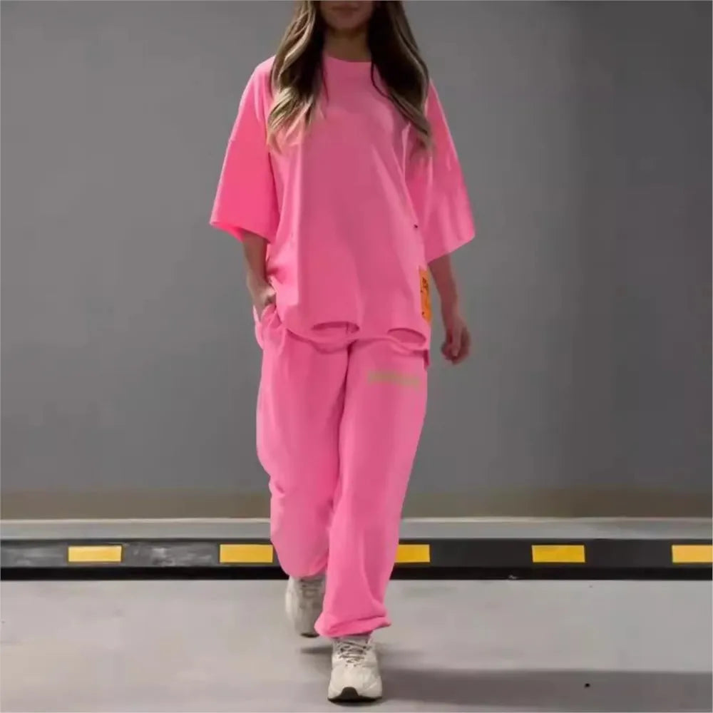 Maxy Summer New Fashion Hollowed Out O Neck T Shirt Women's 2 Piece Set Solid Color Casual Relaxed Tracksuit Pants Pocket Female Suit