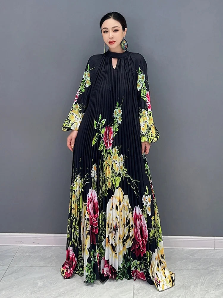 Maxy SHENGPALAE Printed Dress For Women Fashion O-neck Draped Lace Up Waist A-line Casual Vestido Robe Female Autumn New 5R5279