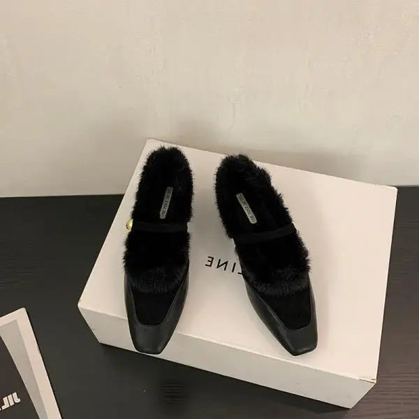 Amay Korean Shoes Loafers Fur Square Toe Autumn New Winter Fall Mary Janes Hook & Loop Fashion Women Shoes Autumn Loafers Fur Mo