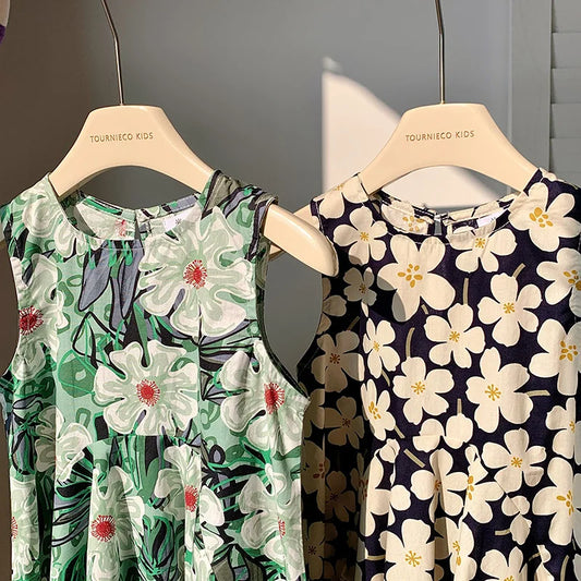 Maxy United States style girl dress summer new crew-neck sundress small and medium-sized children's dress floral style skirt