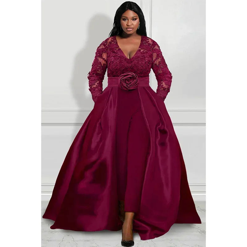 Maxy Women Design Plus Size Formal Jumpsuit Burgundy Satin V-Neck Lace Long Sleeve Overlay Skirt Jumpsuit