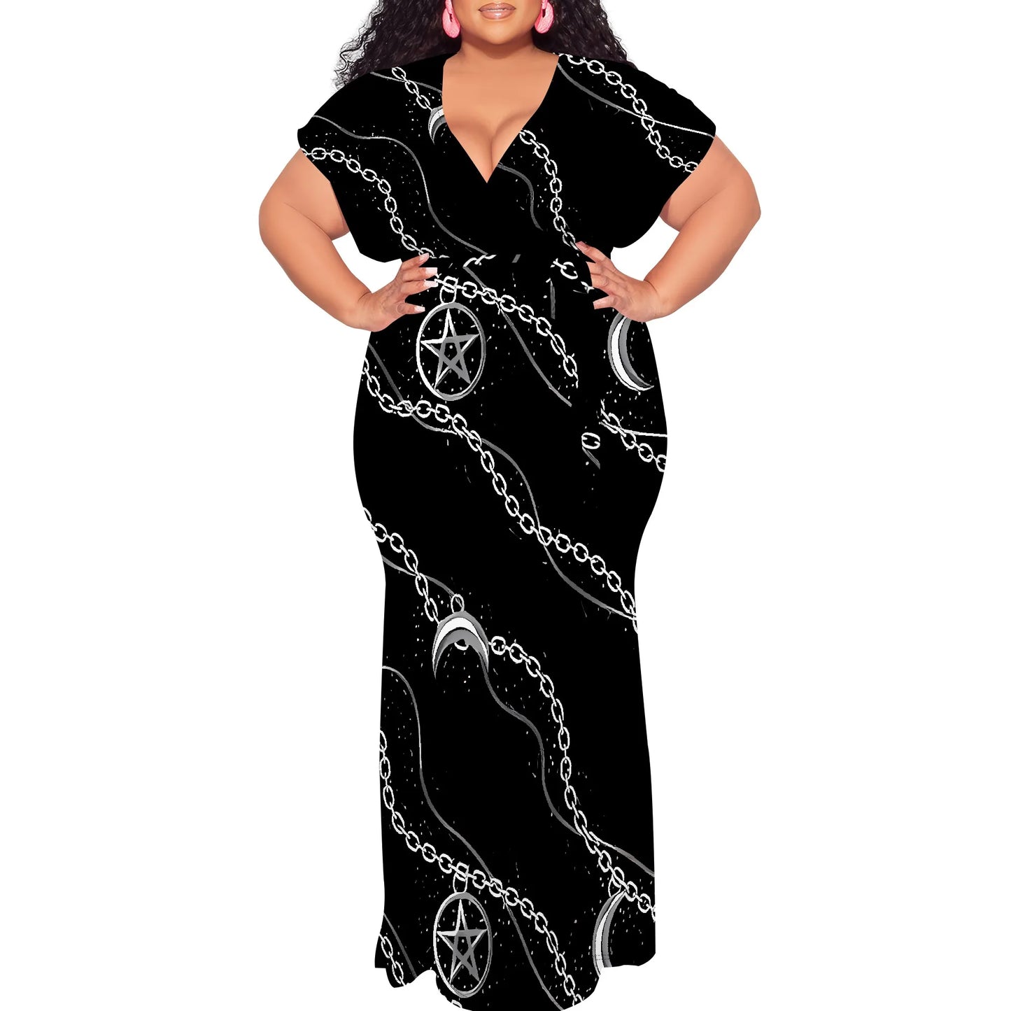 Maxy Plus Size Gothic Moon Chain Print V Neck Short Sleeve Maxy Dress for Halloween