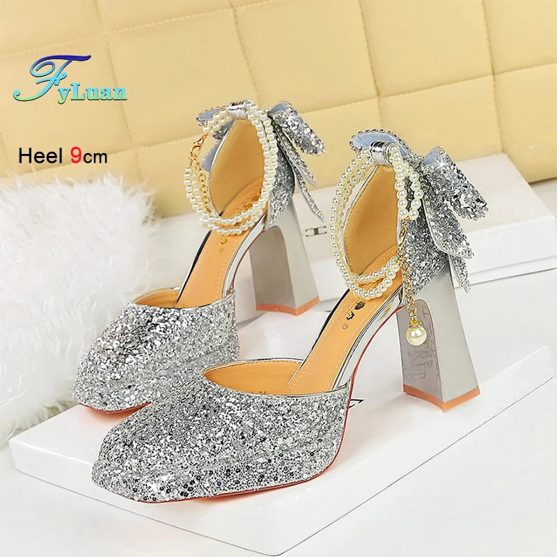 Maxy Summer New Fashion Women's Platform Sandals Glitter Bow Pearl Chain Rhinestone Decoration Ladies Eveing Heels Banquet Shoes