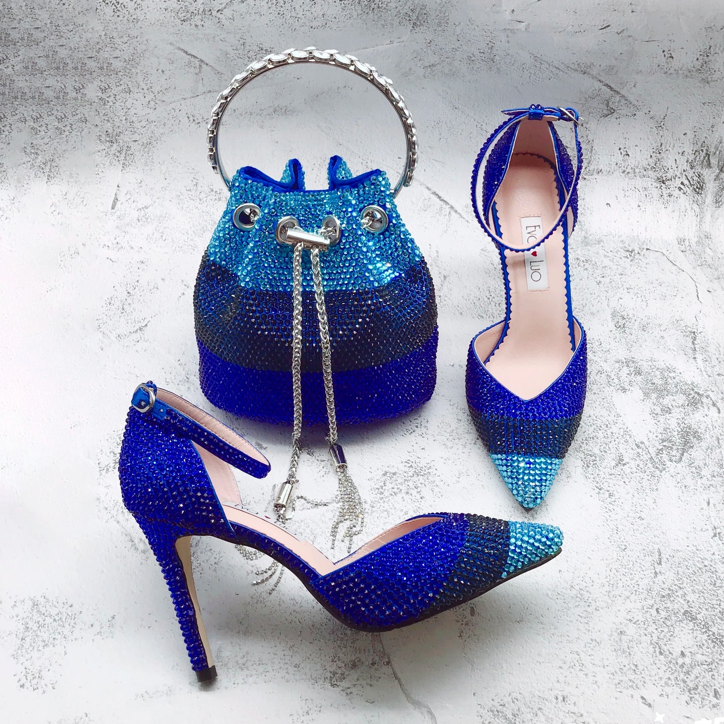 Maxy Luxury Shinning Custom Handmade Royal Blue Rhinestone African Women Shoes and Bag Matching set