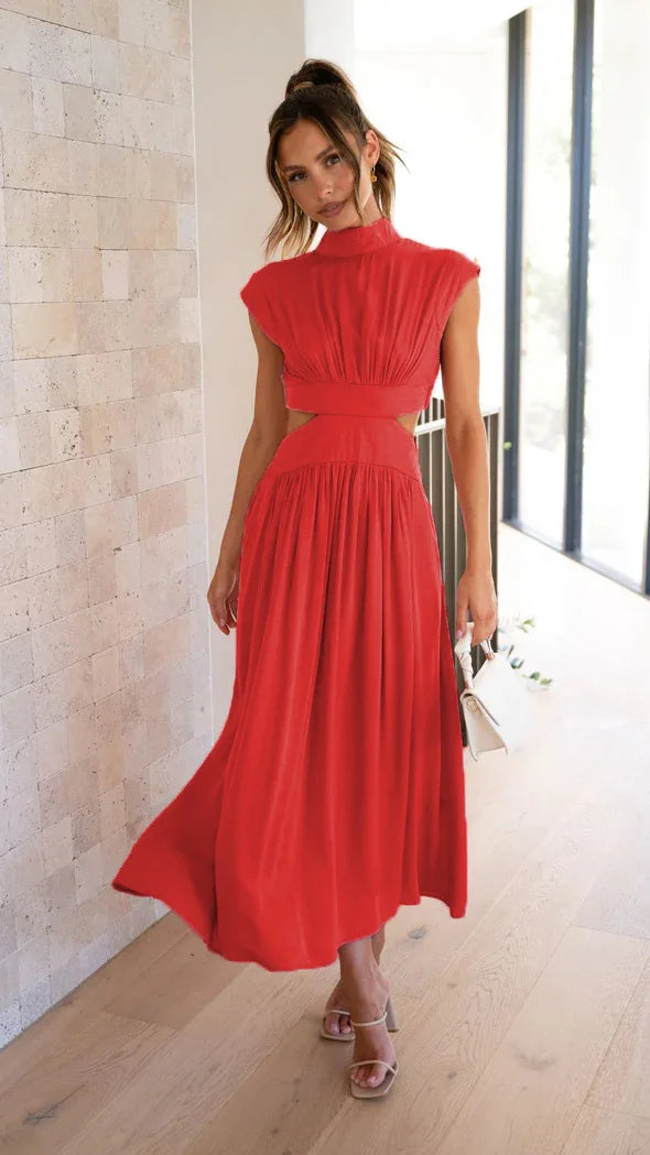 Maxy Summer Solid Color Sleeveless Dresses Women Temperament Elegant Stand Collar Hollow Out A-line Long Dress Ladies Trendy Vestidos