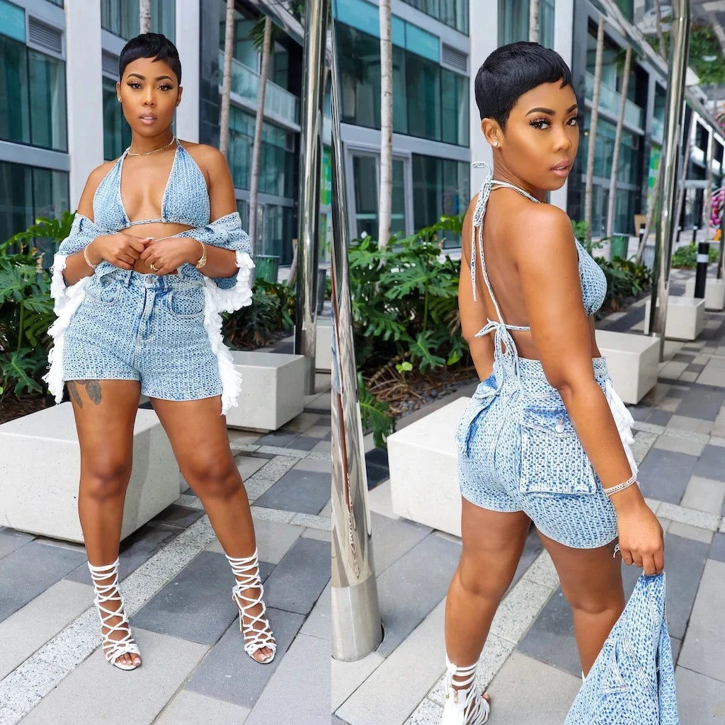 Maxy Sexy Denim Coats Jean 2 Piece Matching Pant Set Outfits Summer Women Clothes Y2K Shorts Suits Sets Cropped Jacket Tracksuit
