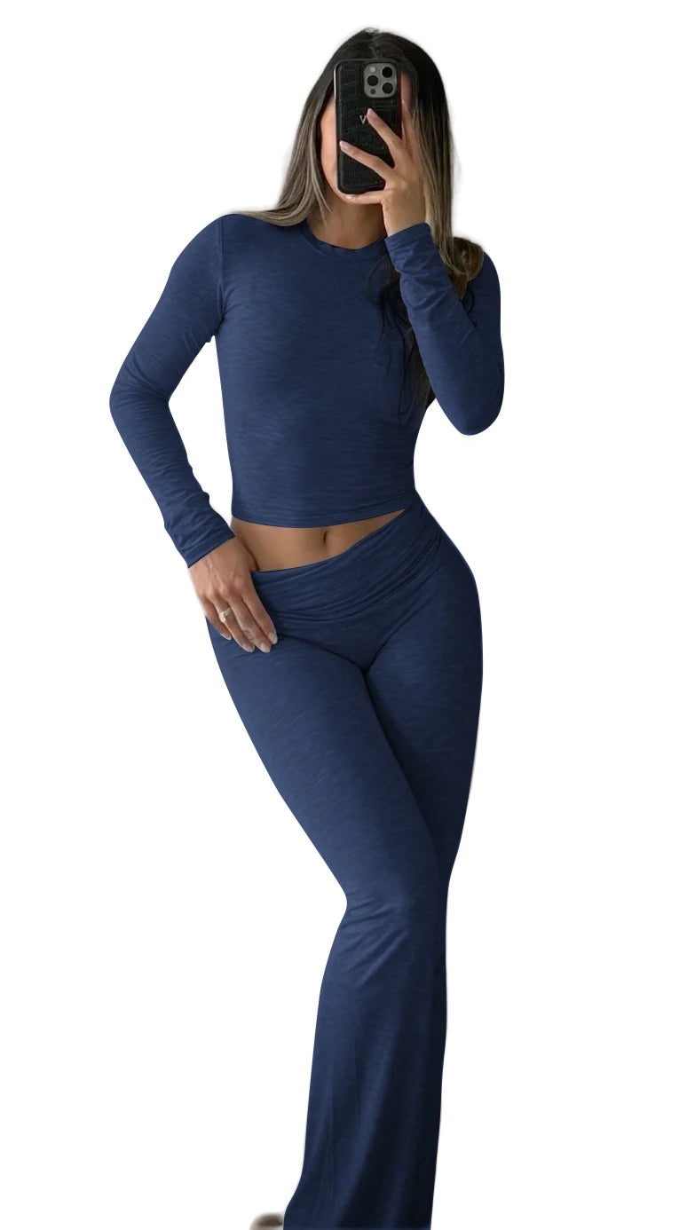 Maxy Casual Workout Two Piece Outfits Long Sleeve High Waist Fold-over Flare Flared Leggings Pants Tracksuit Sets Streetwear