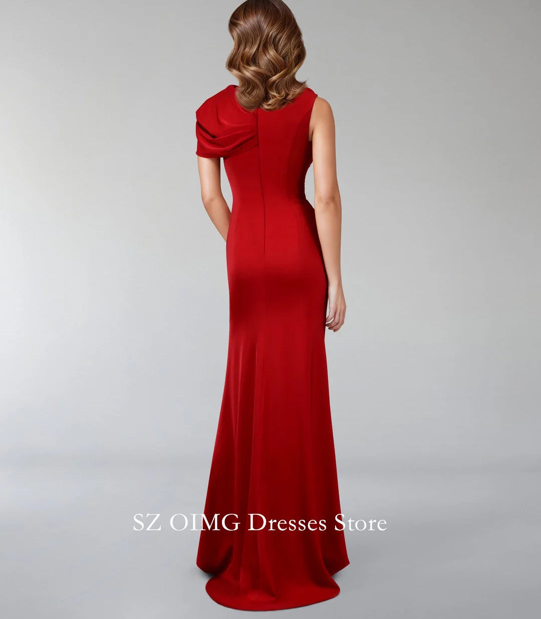 Maxy Satin Classic Red Prom Dresses Sleeveless Dress with Side Capelet and 3D Flowers  Women Evening Gowns Formal Party Dress