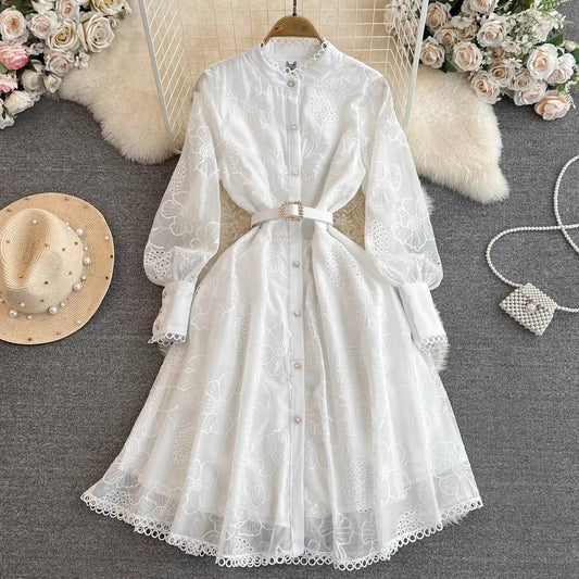 Amay Luxury Vintage Women Embroidery Lace Hollow Out Spring Summer Stand Collar Lantern Sleeve Pearls Buttons Belt Party Evening Dres