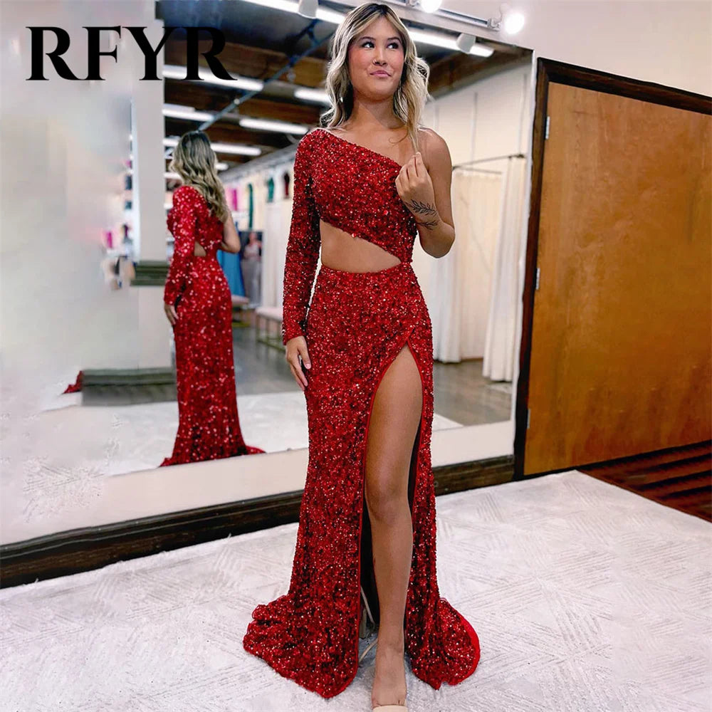 Maxy Red Elegant Sequins Women Evening Dresses One Shoulder Pleats Cut-Out Split Trumpet Prom Formal Gowns Dresses Customized