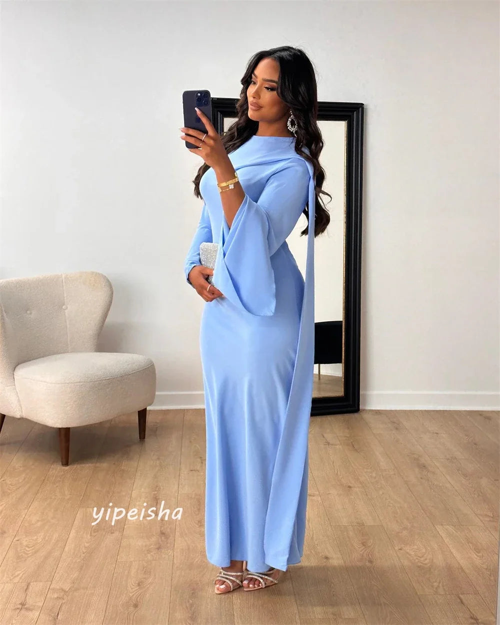 Maxy Customized Prom Gown Jersey Draped Ruffles Pleat Cocktail Party A-line O-Neck Exquisite High Quality Occasion Long Dresses Women