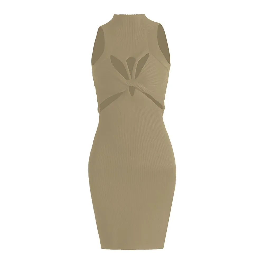 Maxy TWOTWINSTYLE Knitting Hollow Out Dresses For Women Stand Collar Sleeveless High Waist Temperament Slimming Dress Female Clothing