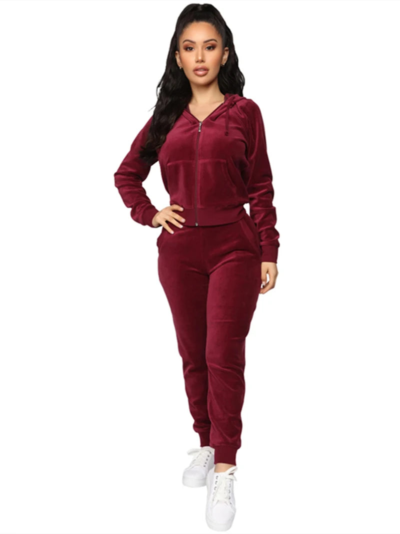 Velvet Two 2 Piece Sets Womens Outfits Autumn Clothes Zip Hooded Top Long Pants Suit Velour Tracksuit Fashion 2 Piece Women Sets