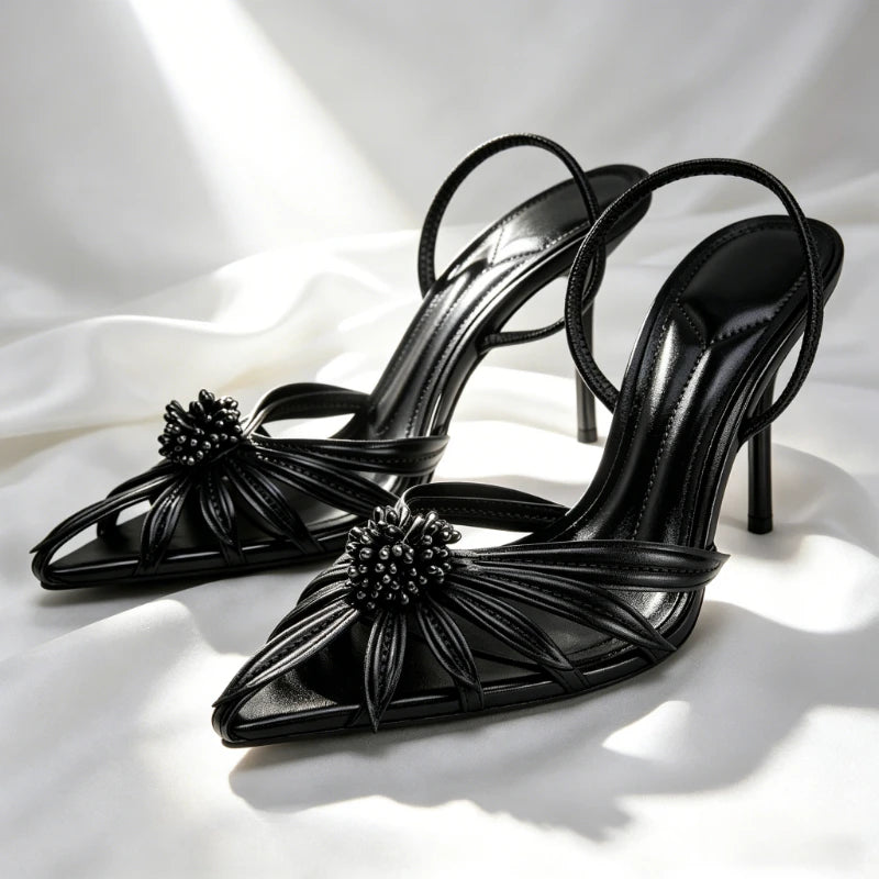 Maxy Luxury Gold Floral Detail Slingback Heels Women Unique Laminated Effect Design Pointed-Toe Heel Sandals Elegant Party Dress Shoe