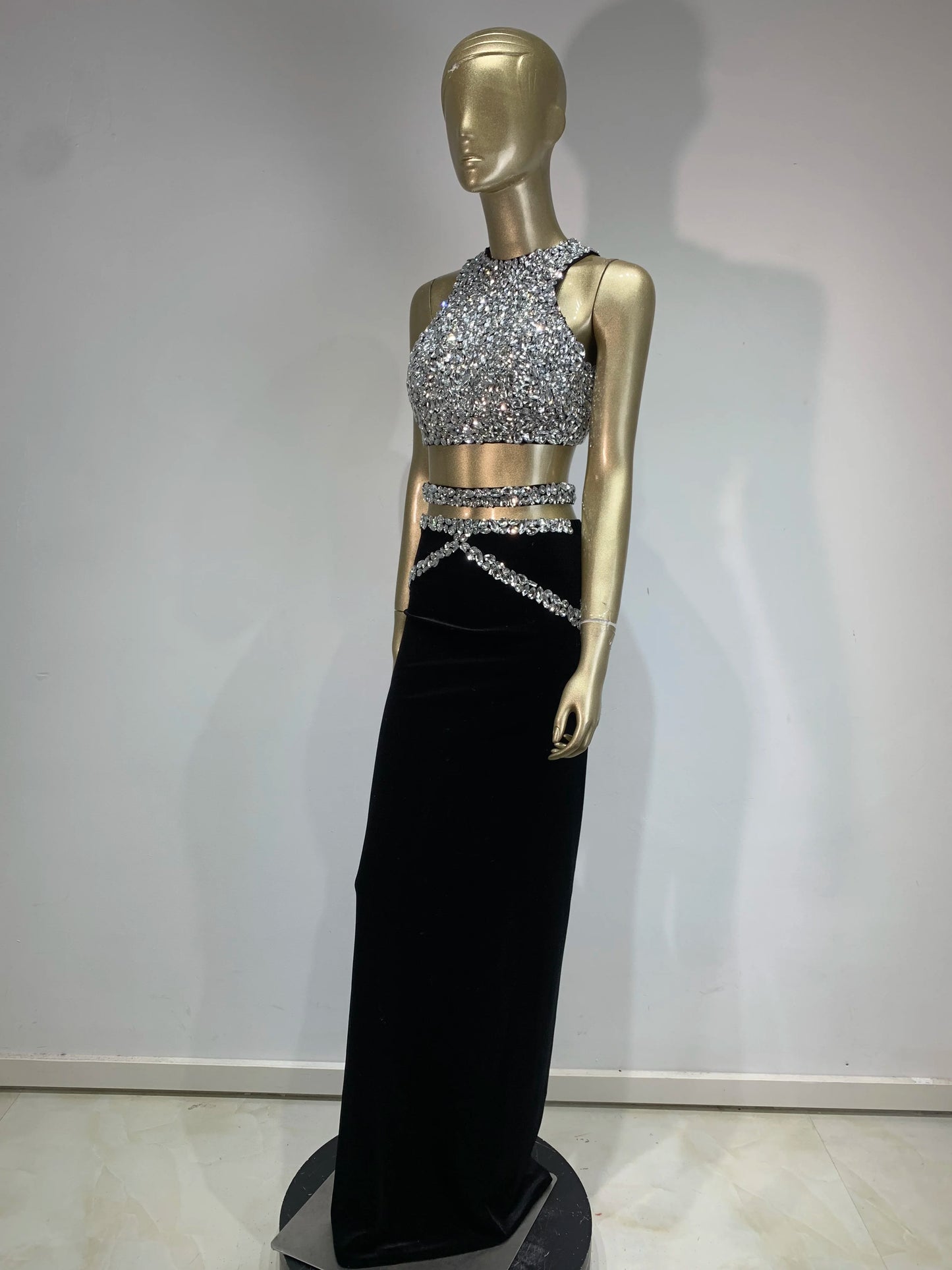 Maxy Sparkly Rhinestone Two-piece Set Women Sexy Velvet Singer Nightclub Outfit Celebrate Birthday Elegant Party Dresses