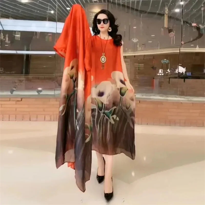 Maxy Middle Aged Mother Dress Suit Summer Casual Fashion Printing Two Piece Suits Long Dress Suits Women Temperament Dress Sets 729