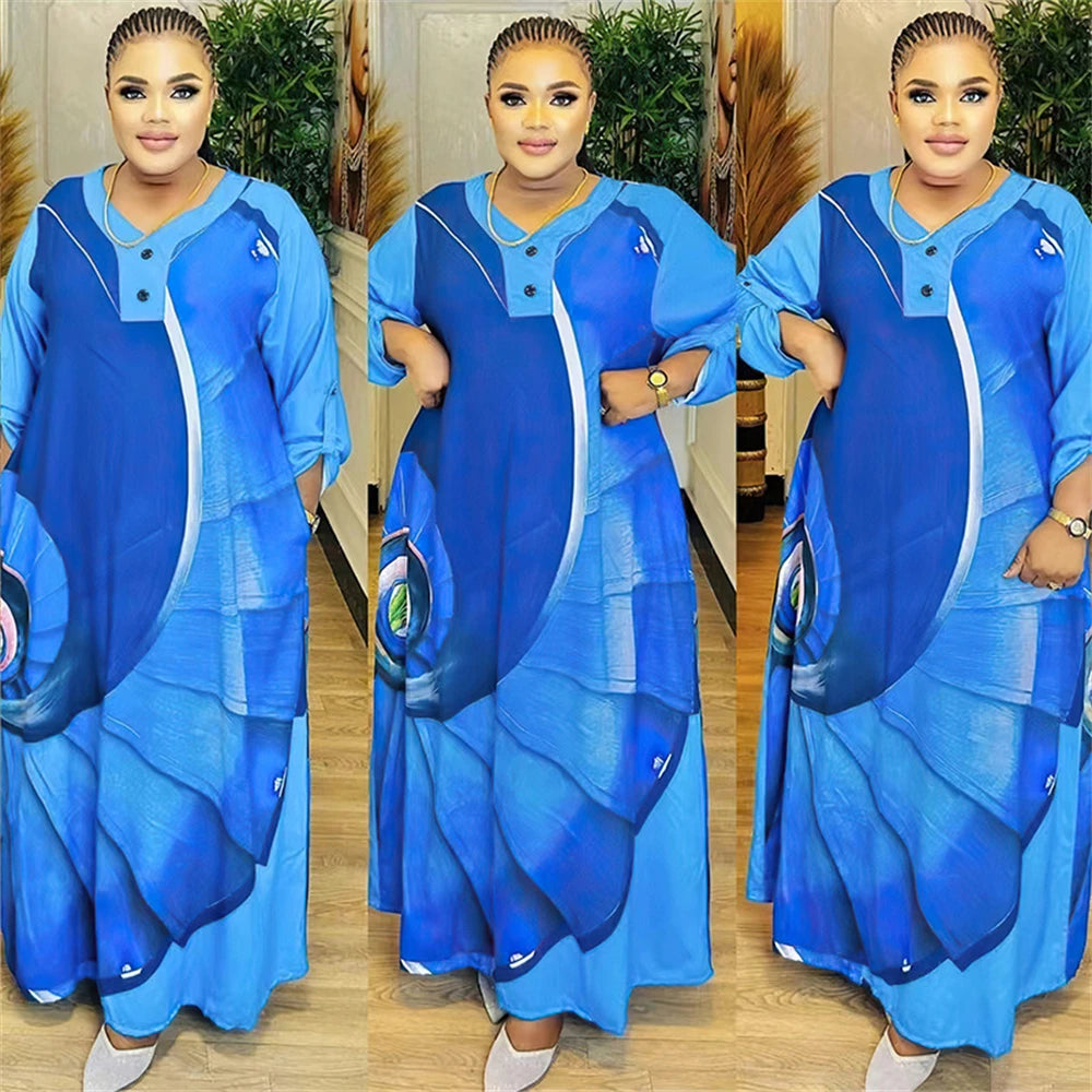 Maxy Muslim Women Dress Print African Clothing Ankara Dashiki Boubou Robe Dubai Abaya Turkey Kaftan Jalabiya Ramadan