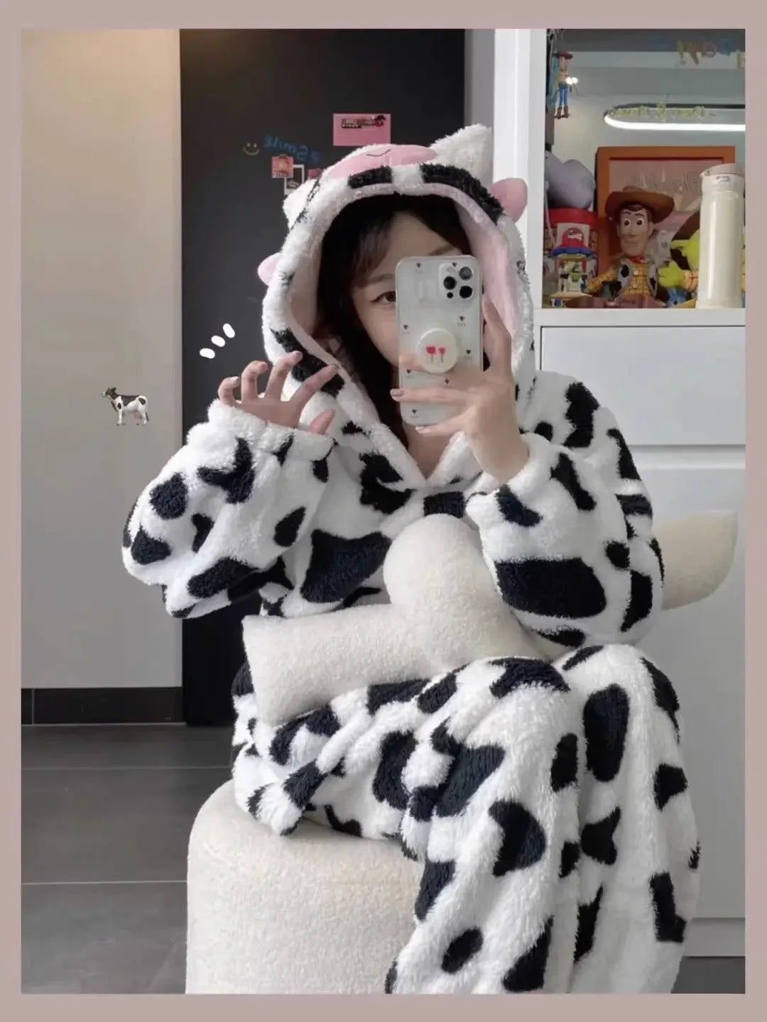 Maxy Autumn Winter New Cute Cow Hooded Pajamas Sets for Woman Kawaii Sleepwear Thickened Coral Velvet Homewear Suits Loungwear
