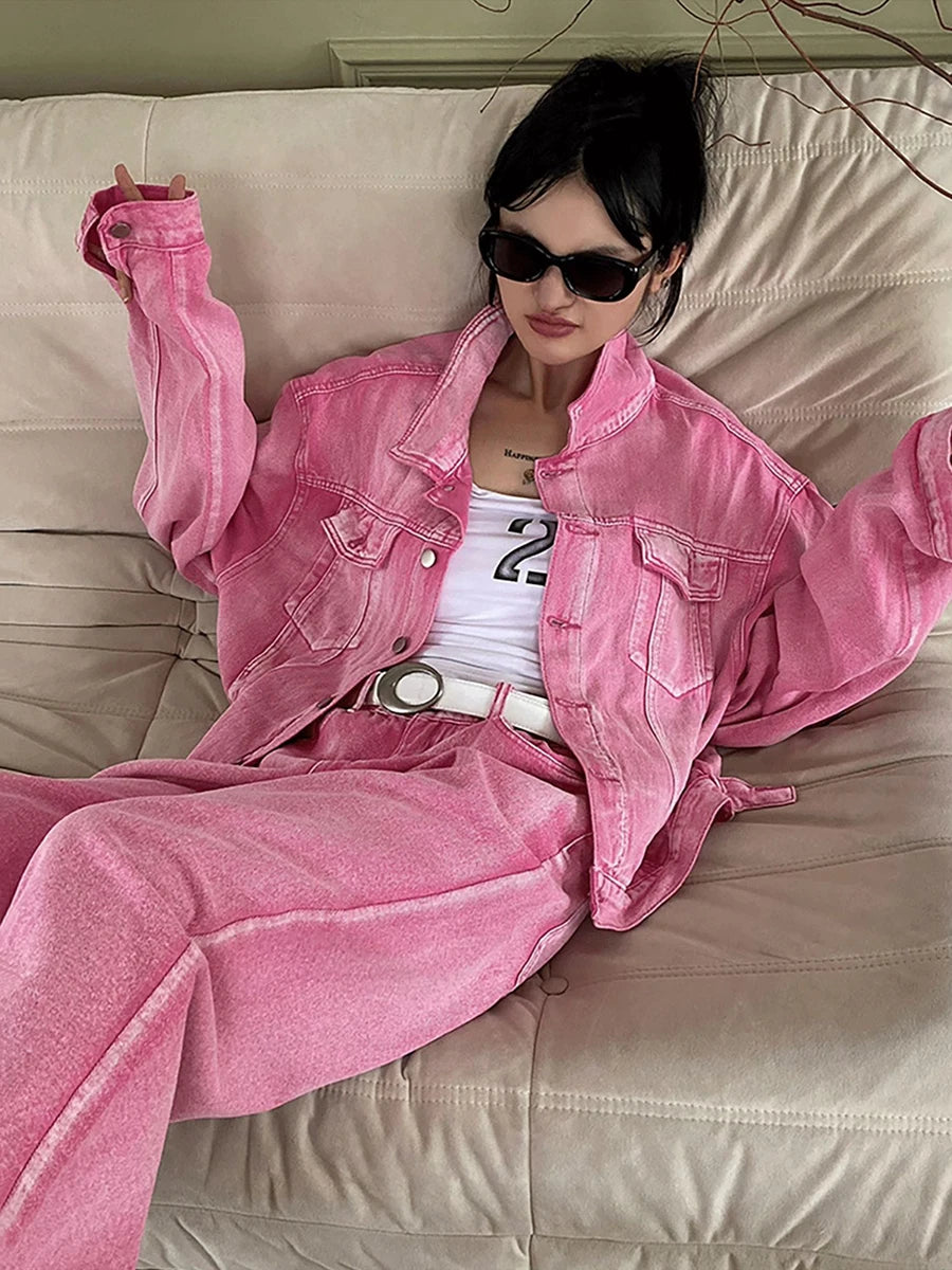 Maxy Denim Jacket Baggy Jeans Women 2-piece Set Y2k Pink Oversized Long Sleeves Statue Outer Wide Leg Casual Pants Suit