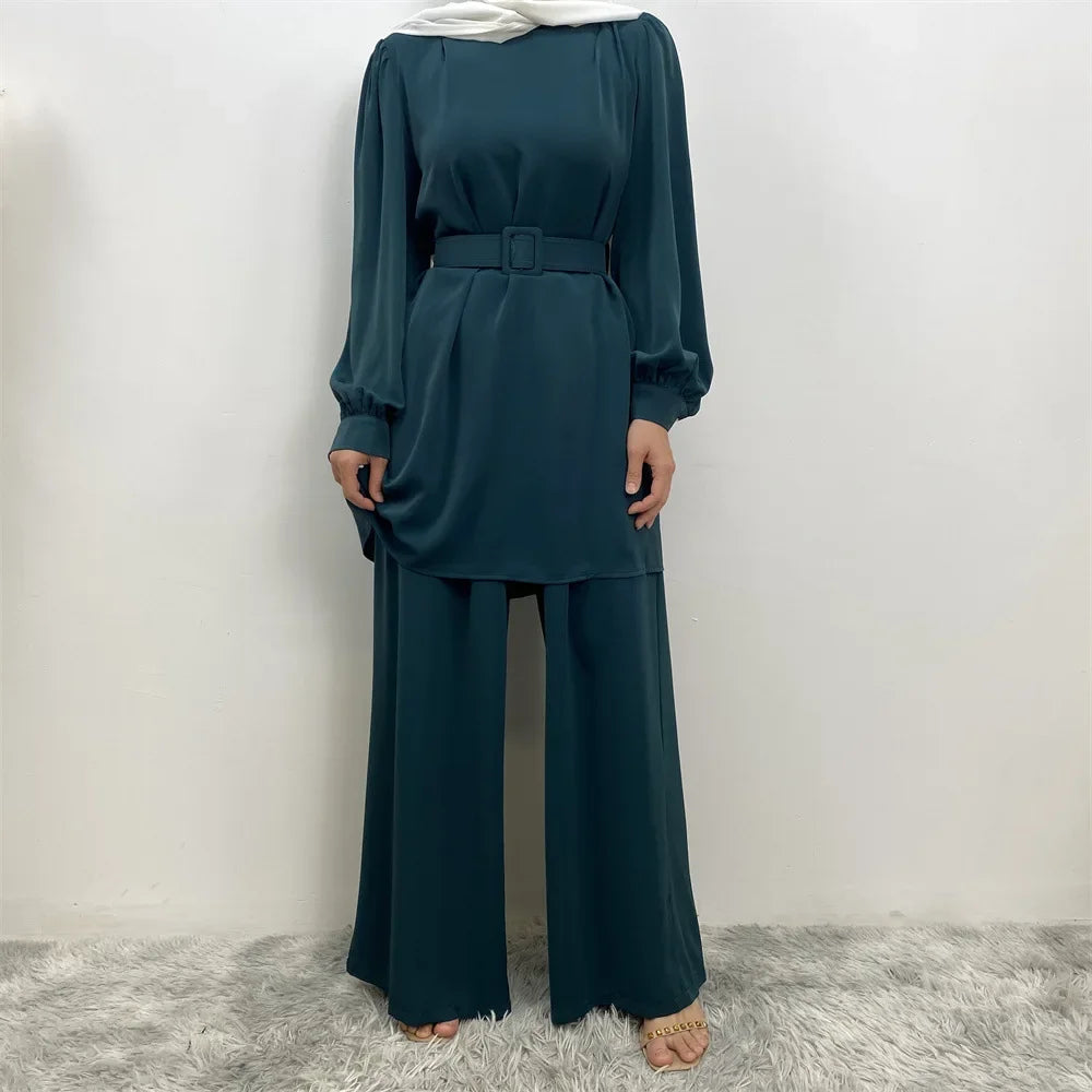 Maxy Muslim Women Long Sleeve Tops Wide Leg Pants Set Eid Ramadan Islam Clothing Dubai Turkey Kaftan Dress Arabic Outfits Suit Abaya