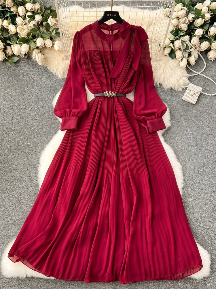 Women Elegant Pleated Long Dress Spring Autumn Sweet Bow Chiffon Dresses Ladies Vintage Bubble Sleeves Casual Long Robe Vestidos