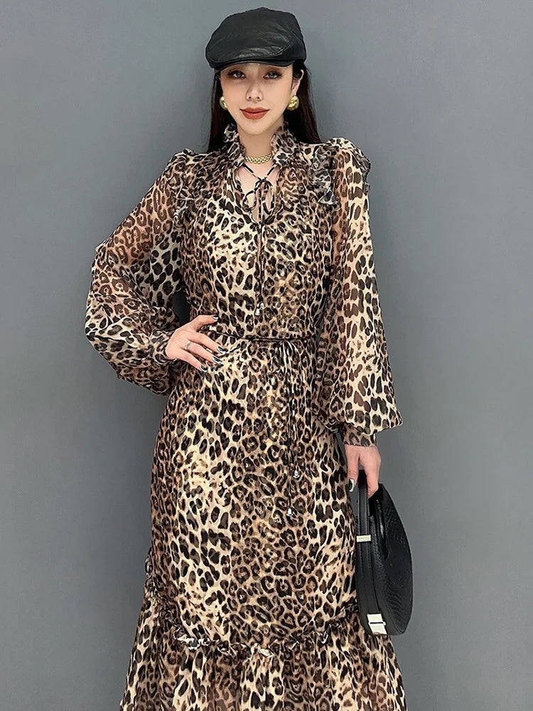 Babs Spring Summer New Dress Chiffon Printed Leopard Pattern Spliced Long Sleeved Ruffle Edge Elegant Dresses 5R9651