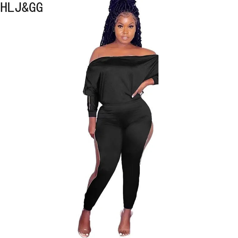 HLJ&GG Autumn New Side Zipper Skinny Pants Two Piece Sets Women Off Shoulder Long Sleeve Top And Pants Outfits Casual Tracksuits