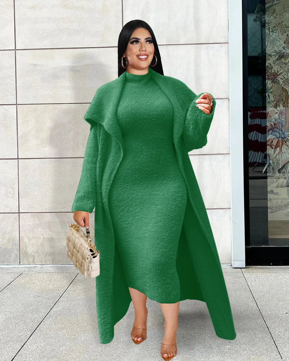 Maxy Plus Size Women Dresses Two-Piece Set Elegant Dress & Loose Long Coat With Belt Fall Winter Ladies Casual Dress Outfits