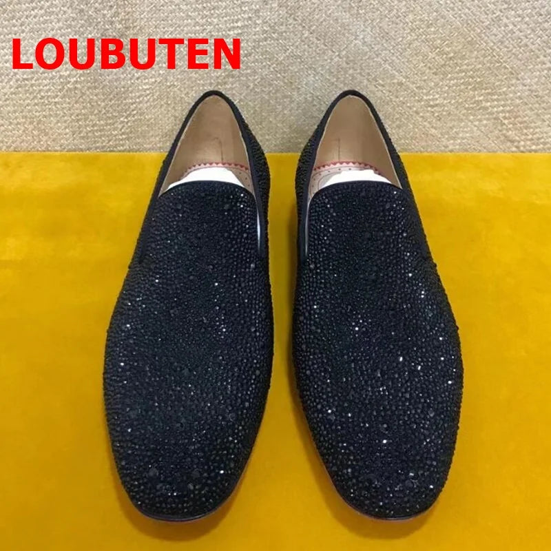 Visco LOUBUTEN Luxury Brand Black Rhinestone Loafers Suede Leather Shoes Men Wedding Shoes Flats Casual Gentlemen Dress Shoes