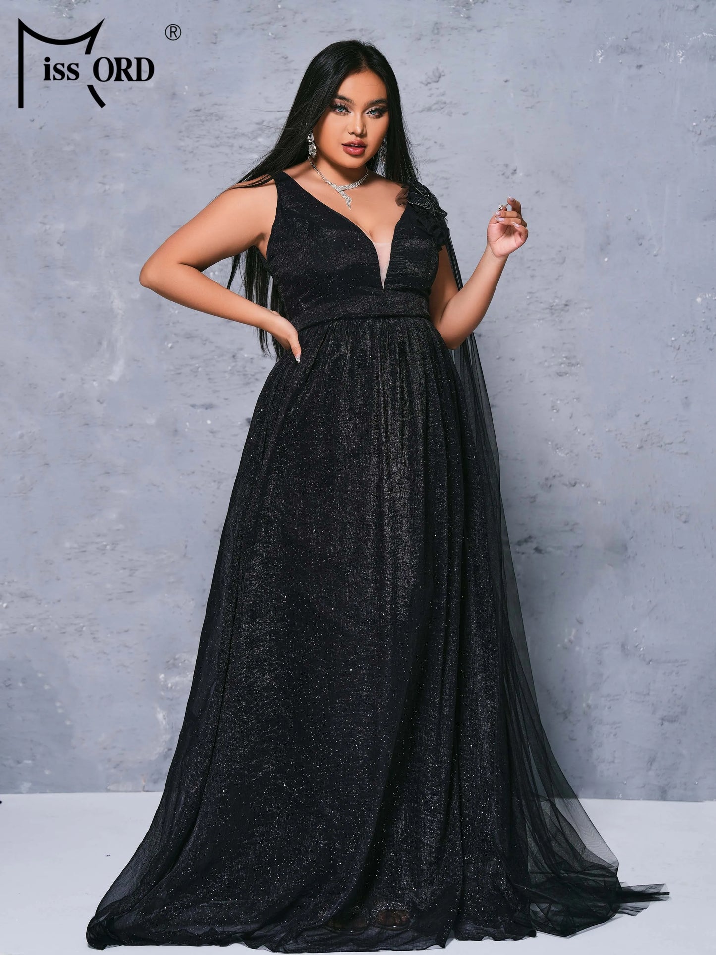 Visco New Black Plus Size Chic Elegant V Neck A Line Evening Gown Large Size Formal Occasion Tulle Dresses