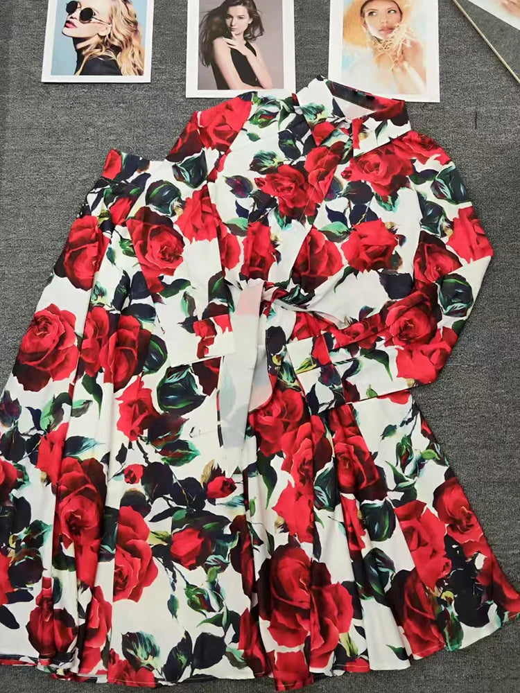 Maxy Two-piece retro printed strappy cinched straight shirt set for autumn women's wear + high-waisted pleated loose skirt set