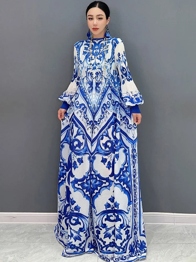 Babs SHENGPALAE Spring Autumn New Women's Dress National Porcelain Printed Chiffon Pleated Elegant Long Sleeved Dresses 5R9754