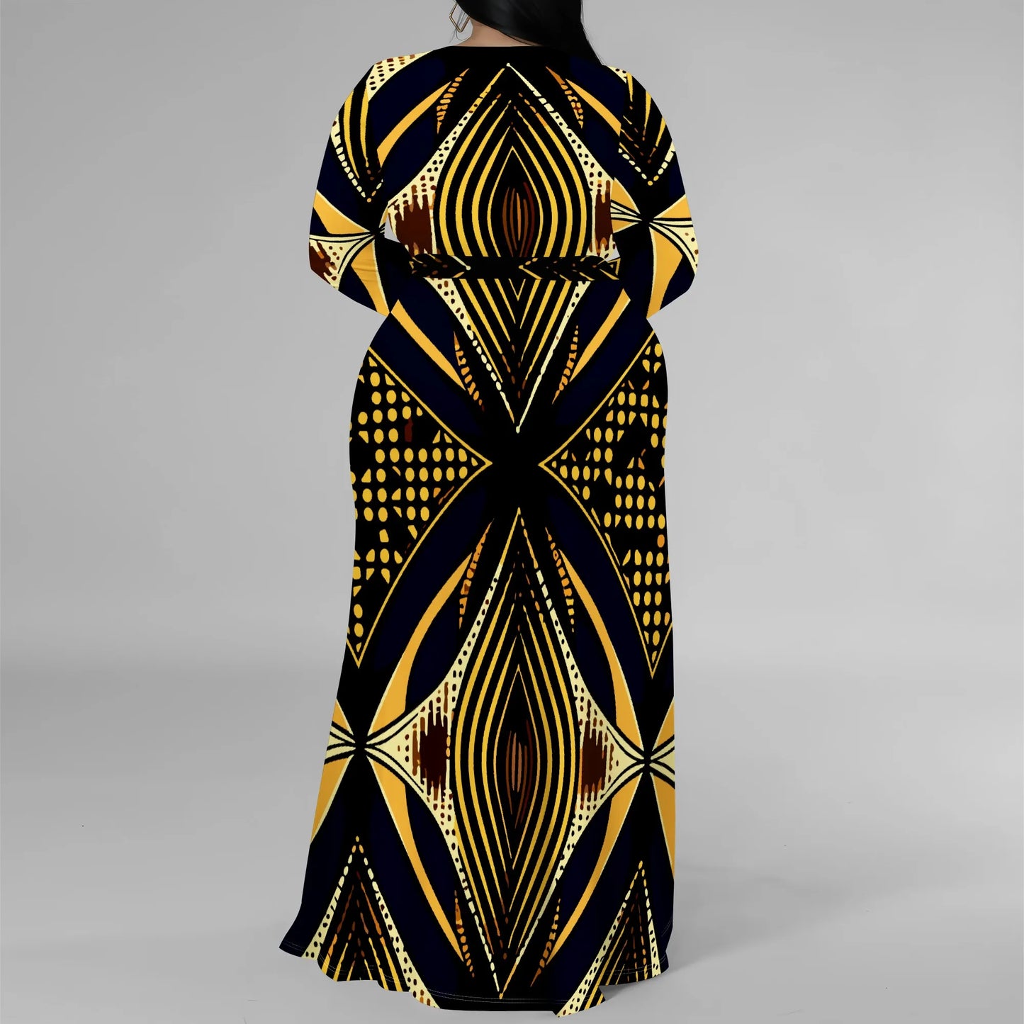 Amay Plus Size Long Sleeve Abstract Print Wrap Maxy Dress for Women, Elegant Dress with Side Slit for Evening Wear
