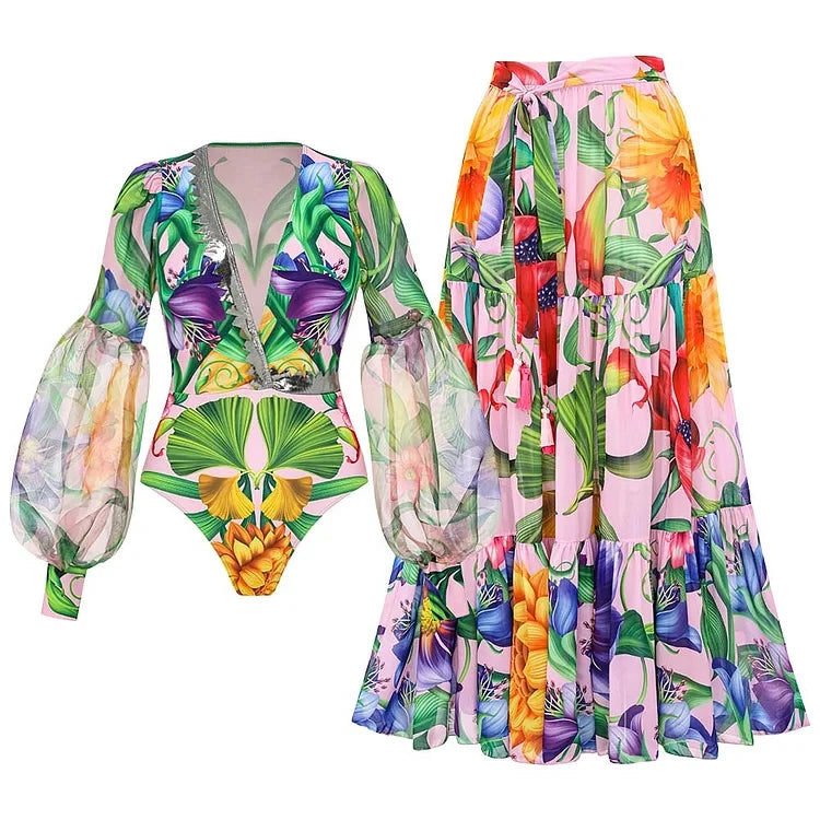 Maxy Women Swimwear V-neck Long Sleeve Flowers Printed One Piece Swimsuit and Skirt Beach wear Bathing Suit bikini Two piece